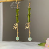 Green Bamboo Drop Dangling Earrings, Bamboo Handmade Earrings, unique dangle